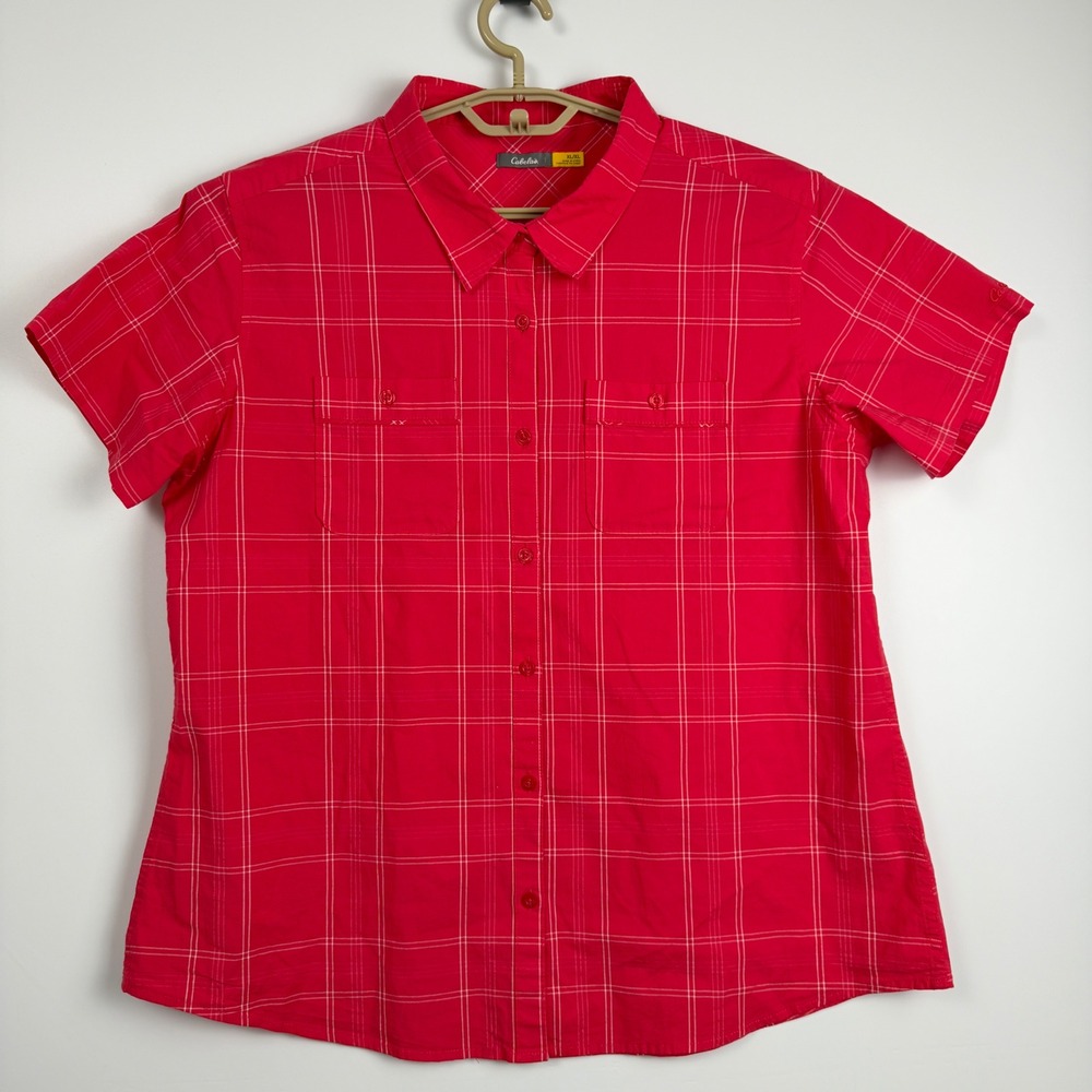 Cabelas Fuchsia Plaid Short Sleeve Button Up Shirt Womens XL Cotton Blend